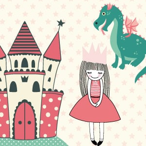 étiquette pour enfant avec des princesses et un chateau