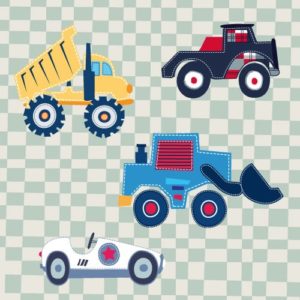 étiquettes enfants tractopelle, engins de chantier, pelleteuse et voiture