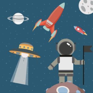 etiquette enfant avec une fusee, un astronaute et des planetes